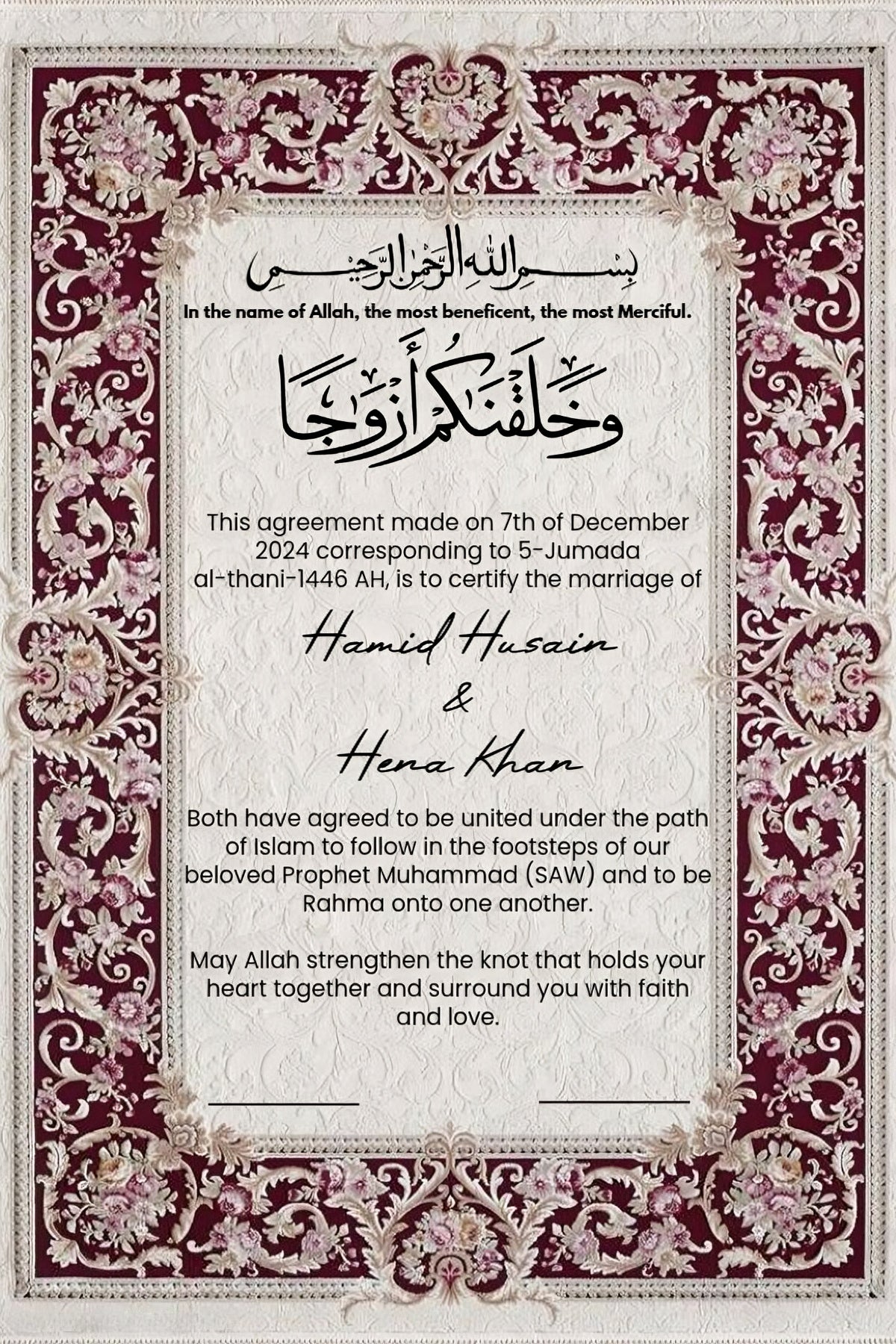 nikahnama, islamic Islamic Marriage Contract
