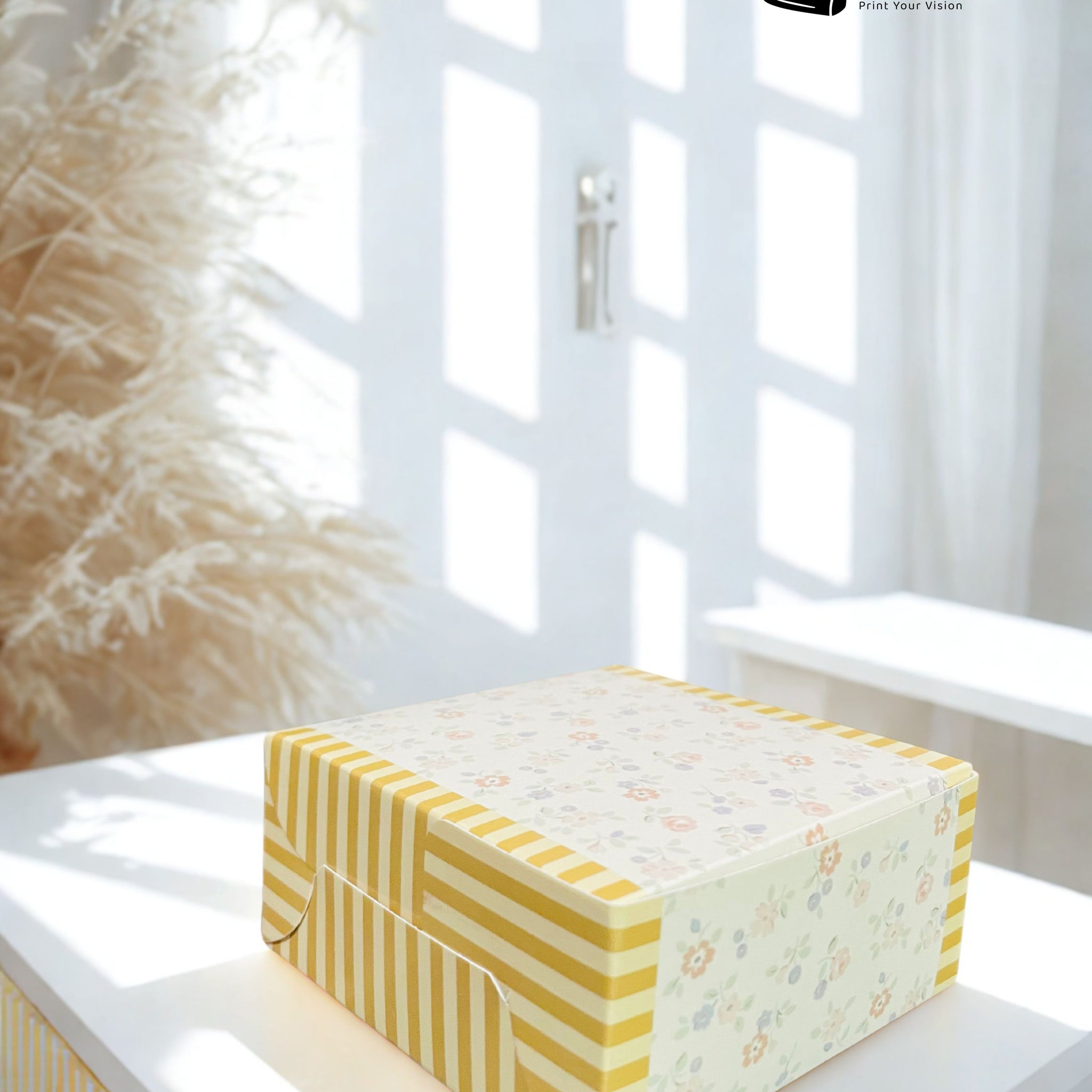 Premium Rectangular Gift Box with Floral Print & Gold Stripes – Stylish, Durable & Customizable for Events
